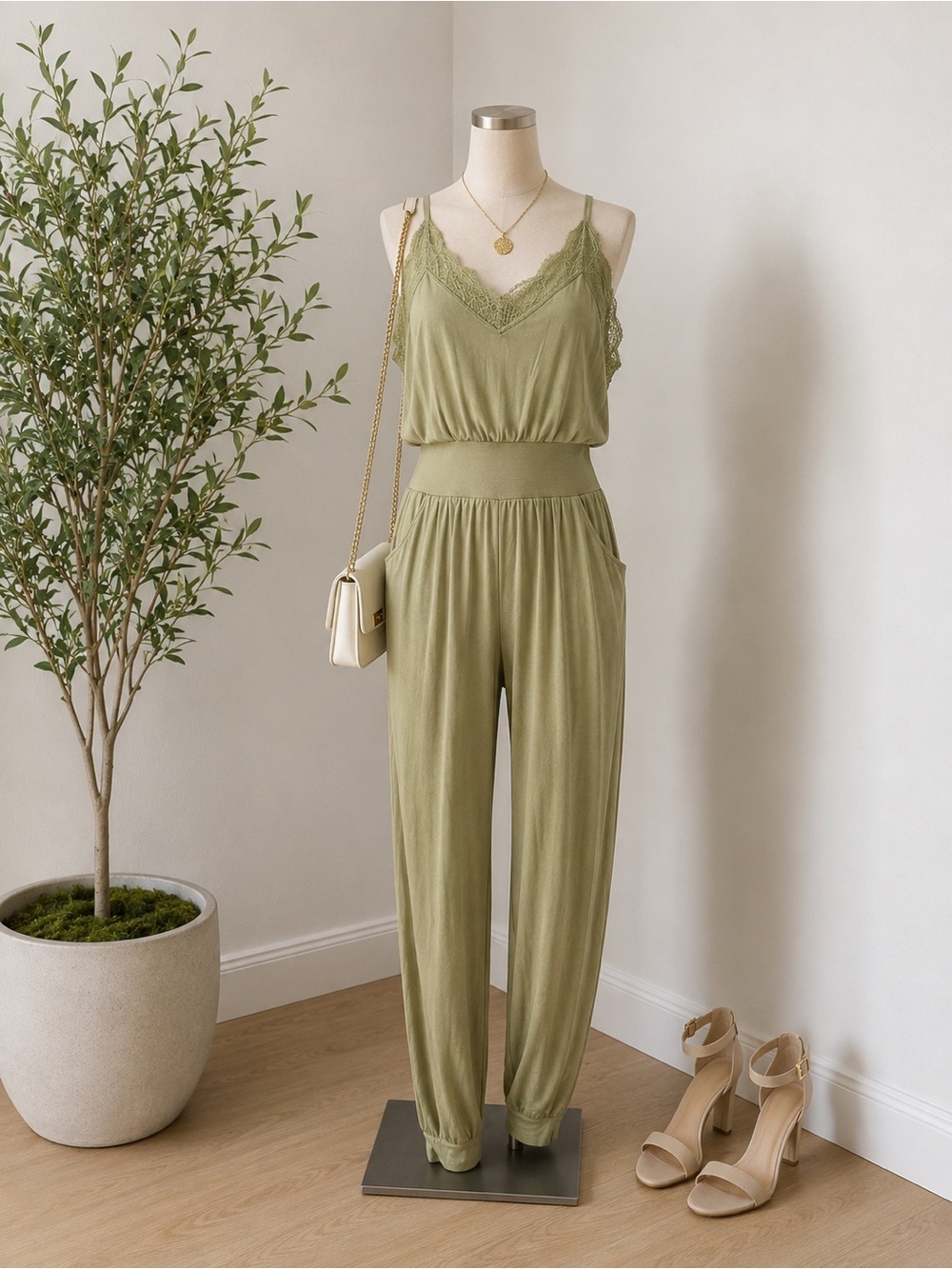 Vici Olive Green Lace-Trim Jumpsuit